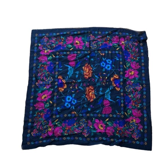 Vintage Scarf Challis by Berkshire Blue Fuchsia Floral Acrylic Made in Japan - Picture 2 of 6